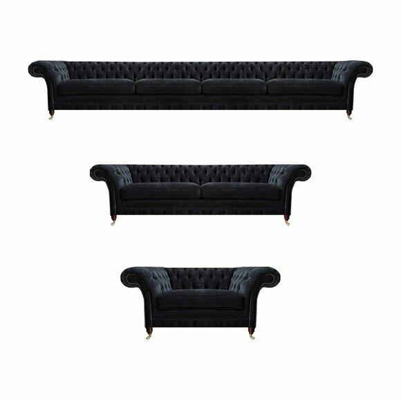 Chesterfield Schwarze Textilgarnitur Viersitzer Couch Zweisitzer Sessel