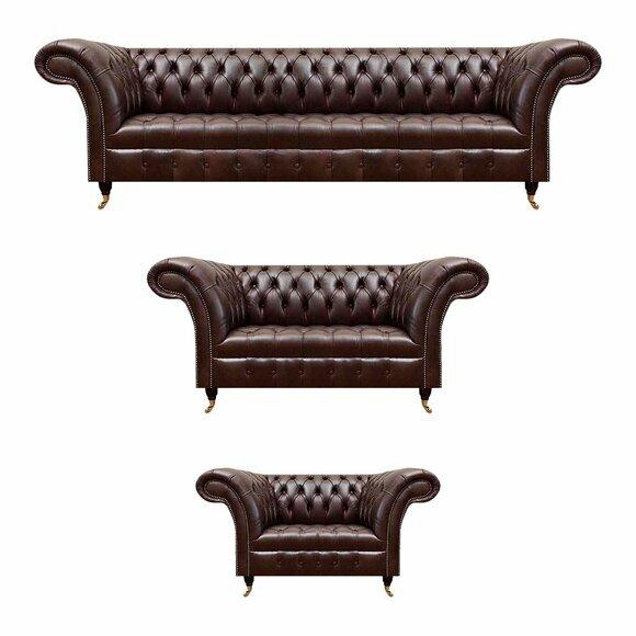 Designer Chesterfield Braune Ledergarnitur Moderne Sitzmöbel 3tlg Set