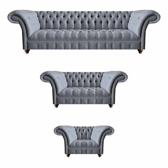 Hellgraue Chesterfield Polstergarnitur Designer Textil Sofas Sessel 3tlg