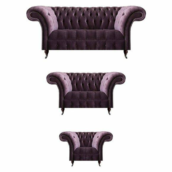 Schicke Chesterfield Lila Sofagarnitur Sitzset 3-Sitzer 2-Sitzer Sessel