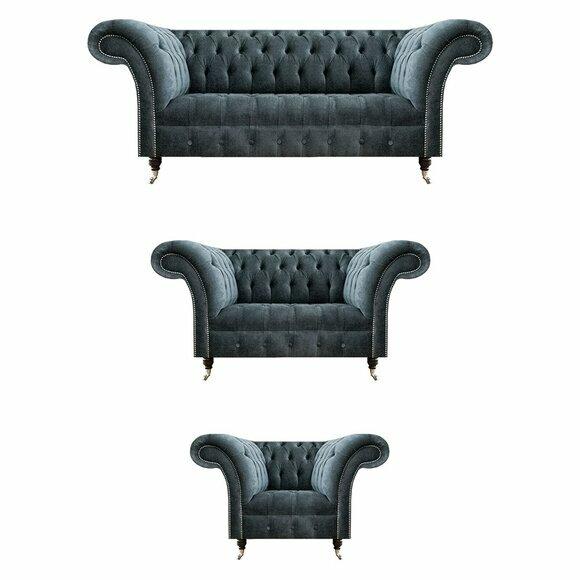 Exklusive Graue Chesterfield Sofas Edler 3-Sitzer Zweisitzer Sessel 3tlg