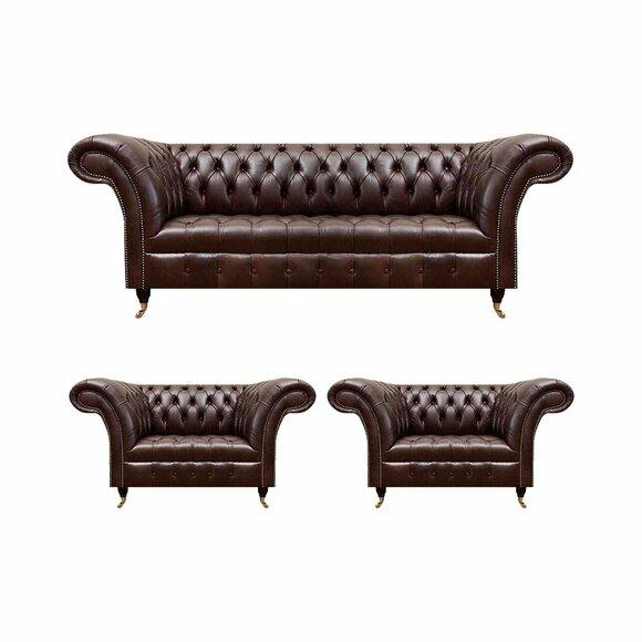 Luxus Braune Chesterfield Ledermöbel Designer Dreisitzer 2x Sessel 3tlg
