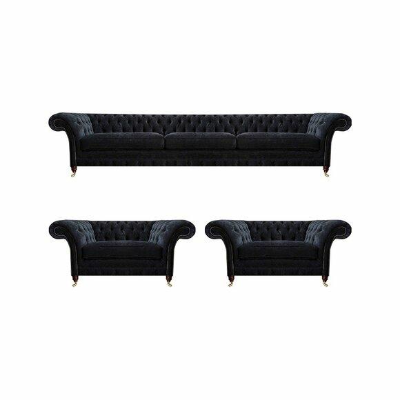 Edle Schwarze Chesterfield Wohnzimmer Sitzgarnitur Dreisitzer Sessel