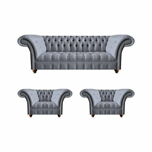 Chesterfield Hellgraue Sofagarnitur Edler Polster Dreisitzer 2x Sessel