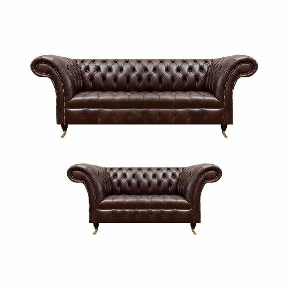 Schicke Braune Chesterfield Ledergarnitur Edle Sofas 3-Sitzer 2-Sitzer