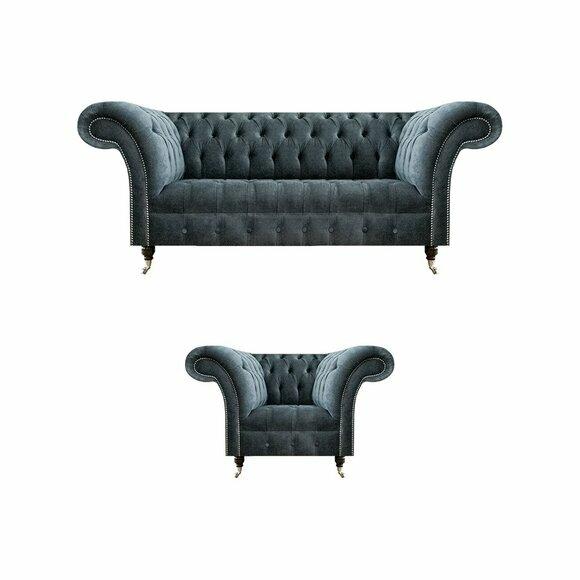 Designer Graues Chesterfield Sitzset Moderner Einsitzer Dreisitzer 2tlg