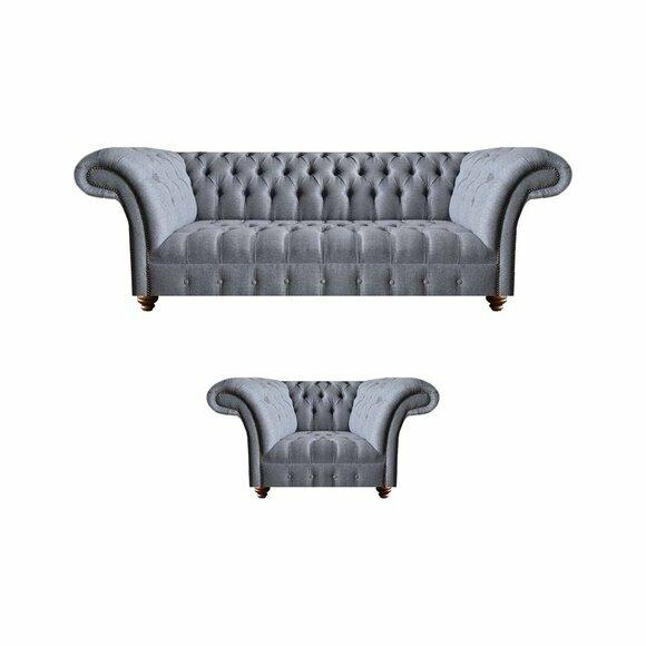 Chesterfield Designer Graue Polstergarnitur Moderne Textilcouchen 2tlg
