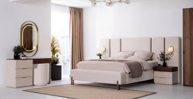 Beige Schlafzimmer Garnitur Edles Doppelbett Textil Hocker Schminktisch