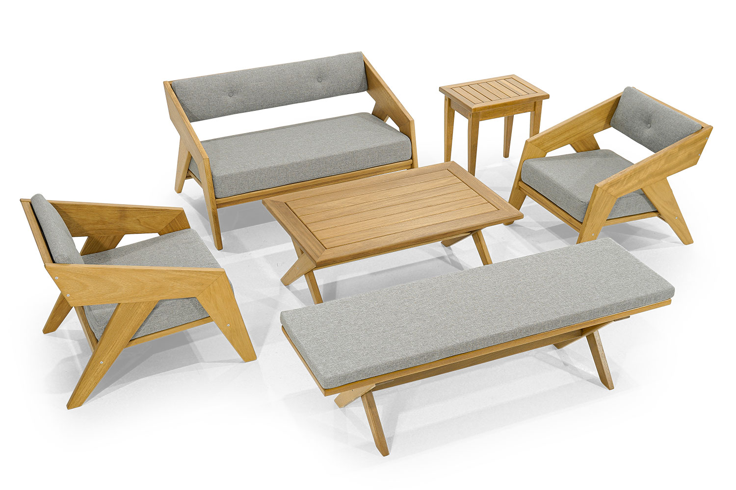 Stilvolle Hellgraue Gartenmöbel Designer Sitzbank Beistelltisch 2 Sessel