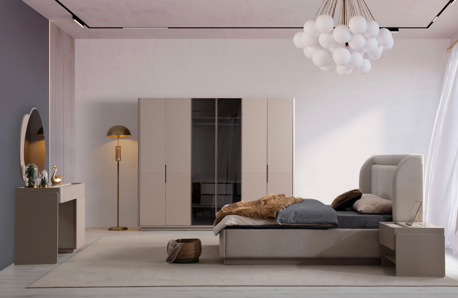 Designer Beiges Schlafzimmer Set Bett 2x Nachttische Kleiderschrank 5tlg