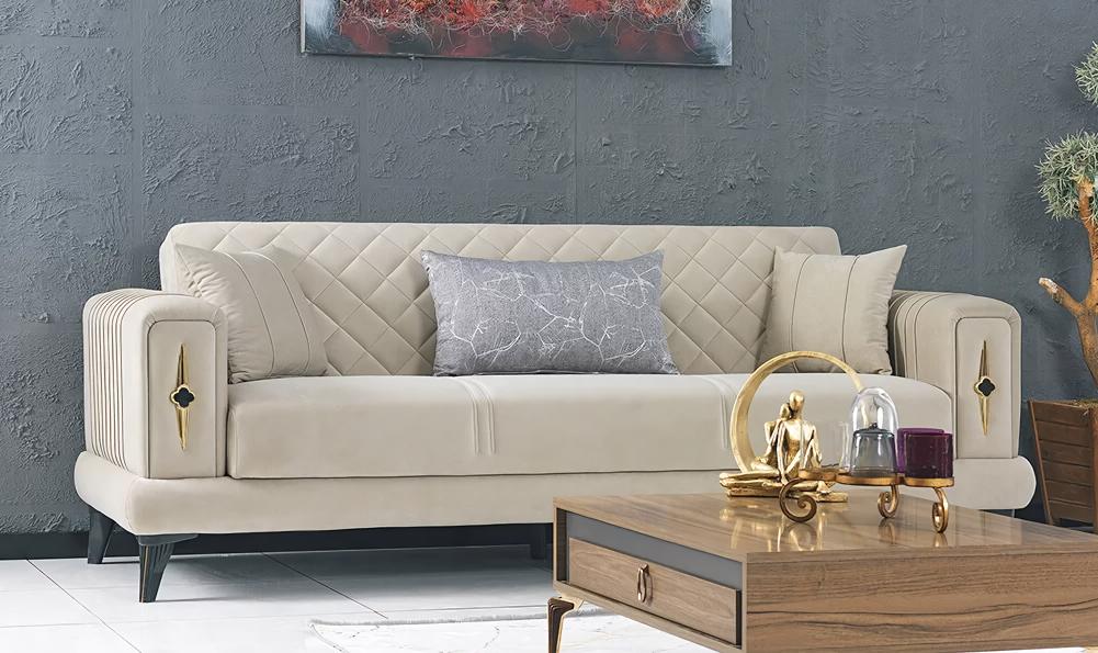 Wohnzimmer Beige Dreisitzer Sofa Couch Textil Polstermöbel Sofas 3 Sitzer