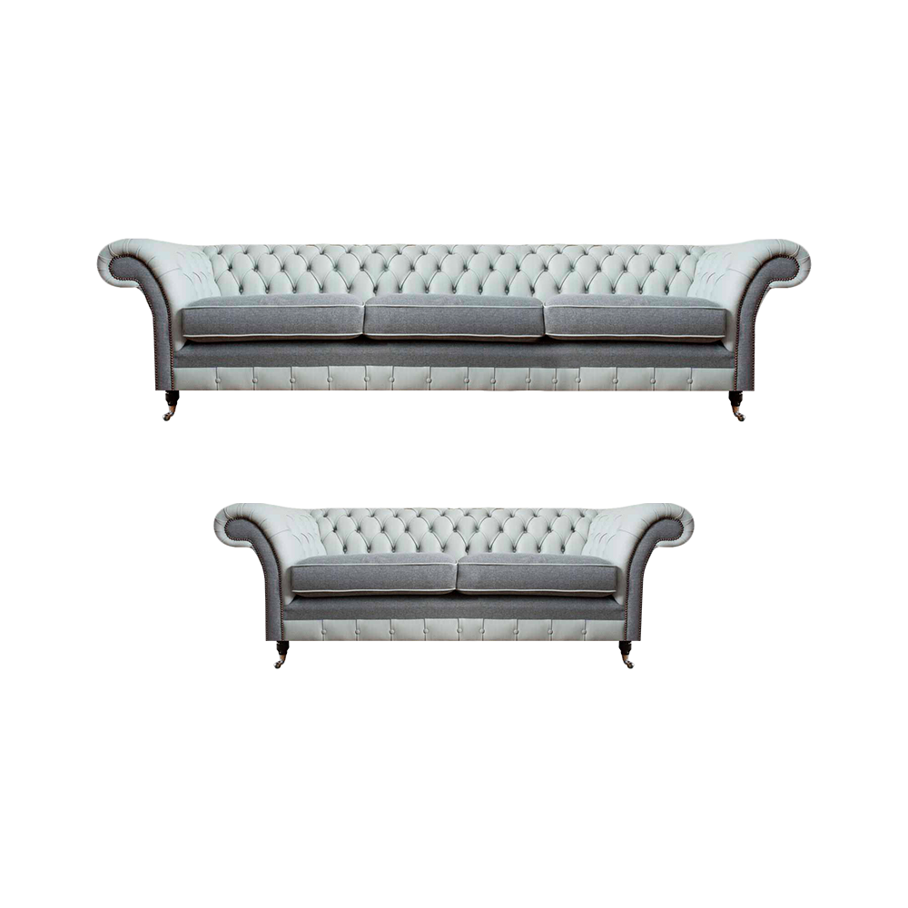 Sofagarnitur 2x Sofas Chesterfield Grau Leder Polstermöbel Design Garnitur