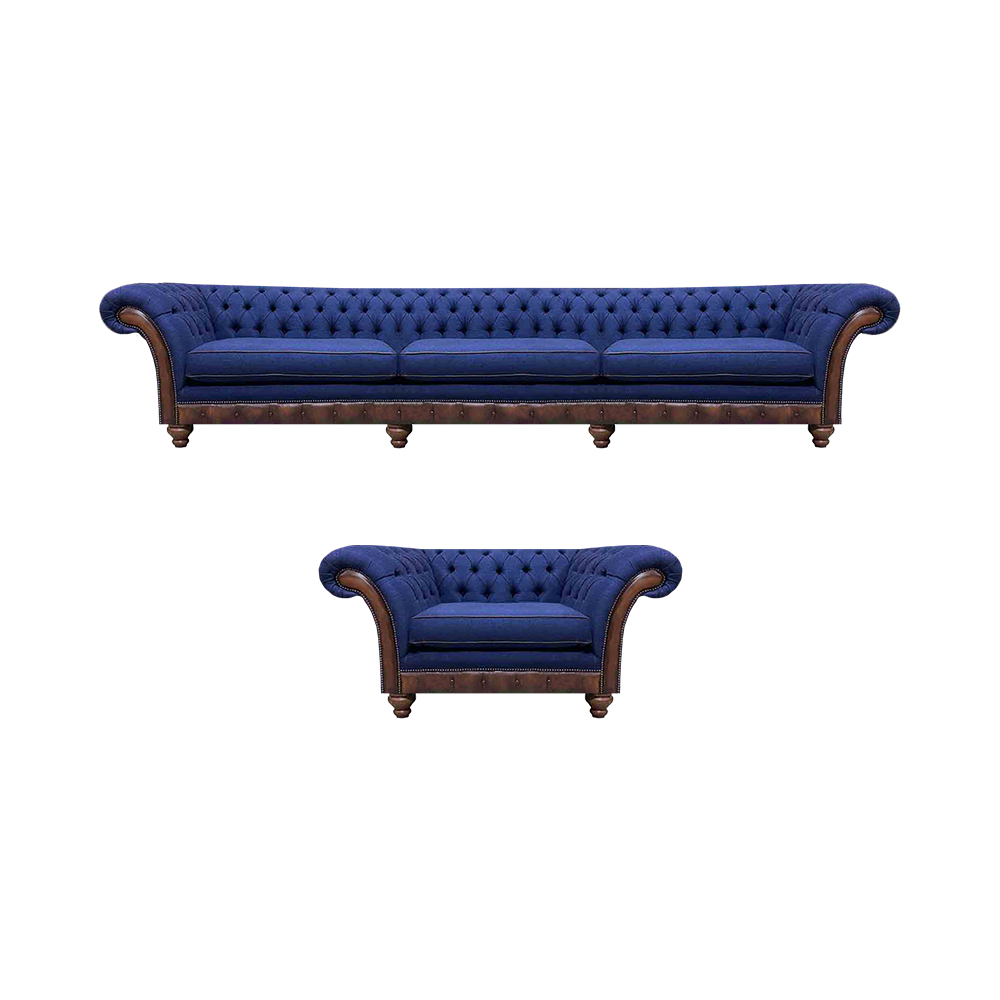 Blaue Chesterfield Polstermöbel Designer 3-Sitzer Sofa Stoffsessel 2tlg