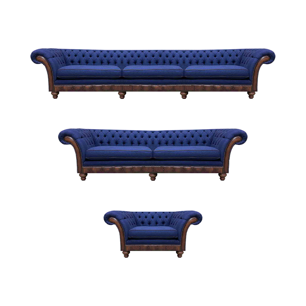 Designer Chesterfield Couchgarnitur Edler Blauer Dreisitzer Sessel 3tlg
