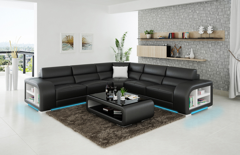Ledersofa Couch Wohnlandschaft Ecksofa Eck Garnitur Design Sofa USB Maßfertigung