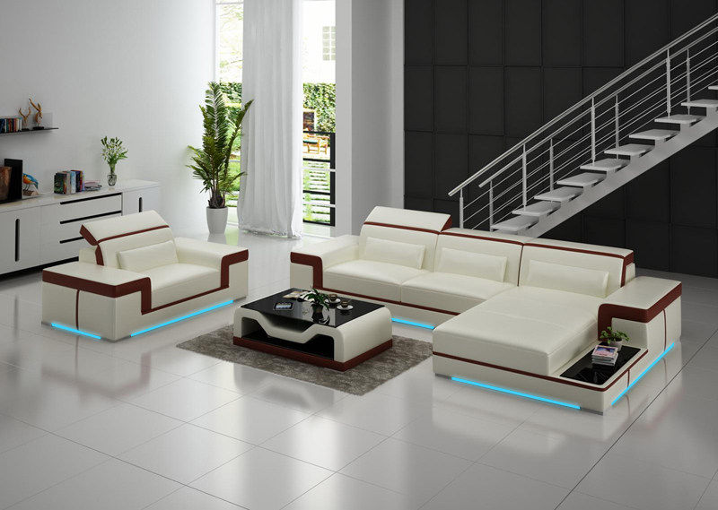 Ledersofa Couch Wohnlandschaft Ecksofa + Sessel Eck Garnitur Design Sofa mit USB