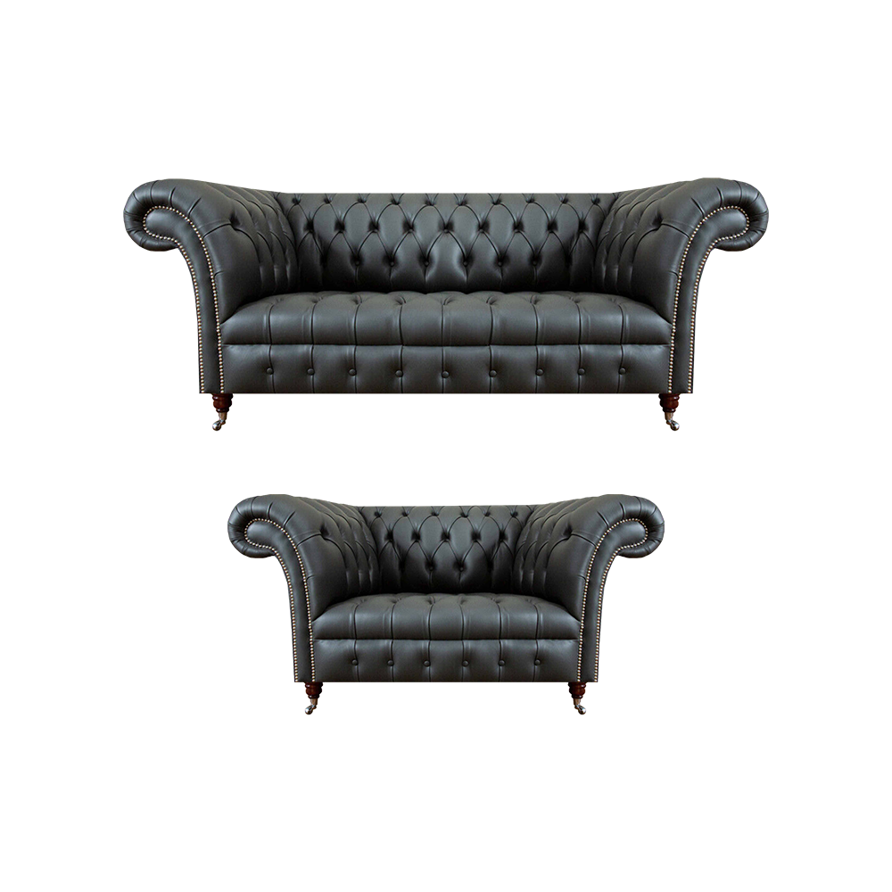 Luxuriöse Möbel Grau Ledersofas 2x Sofa Polstermöbel Wohnzimmer Chesterfield