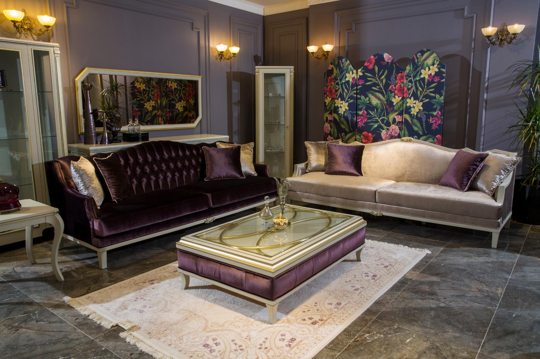 Luxus Sofagarnitur Couchtisch 2x Sofa 3 Sitzer Beistelltisch Stoff 4tlg Set Samt