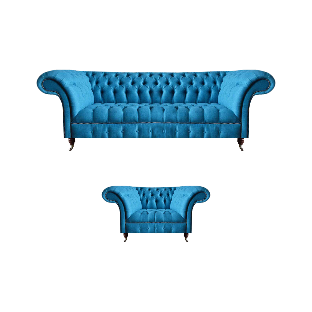 Stilvolle Hellblaue Chesterfield Garnitur Polstersessel 3-Sitzer 2tlg