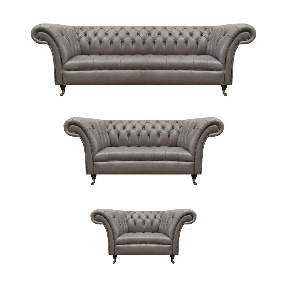 Graue Chesterfield Ledersofas Designer Einsitzer Dreisitzer Sofa Set