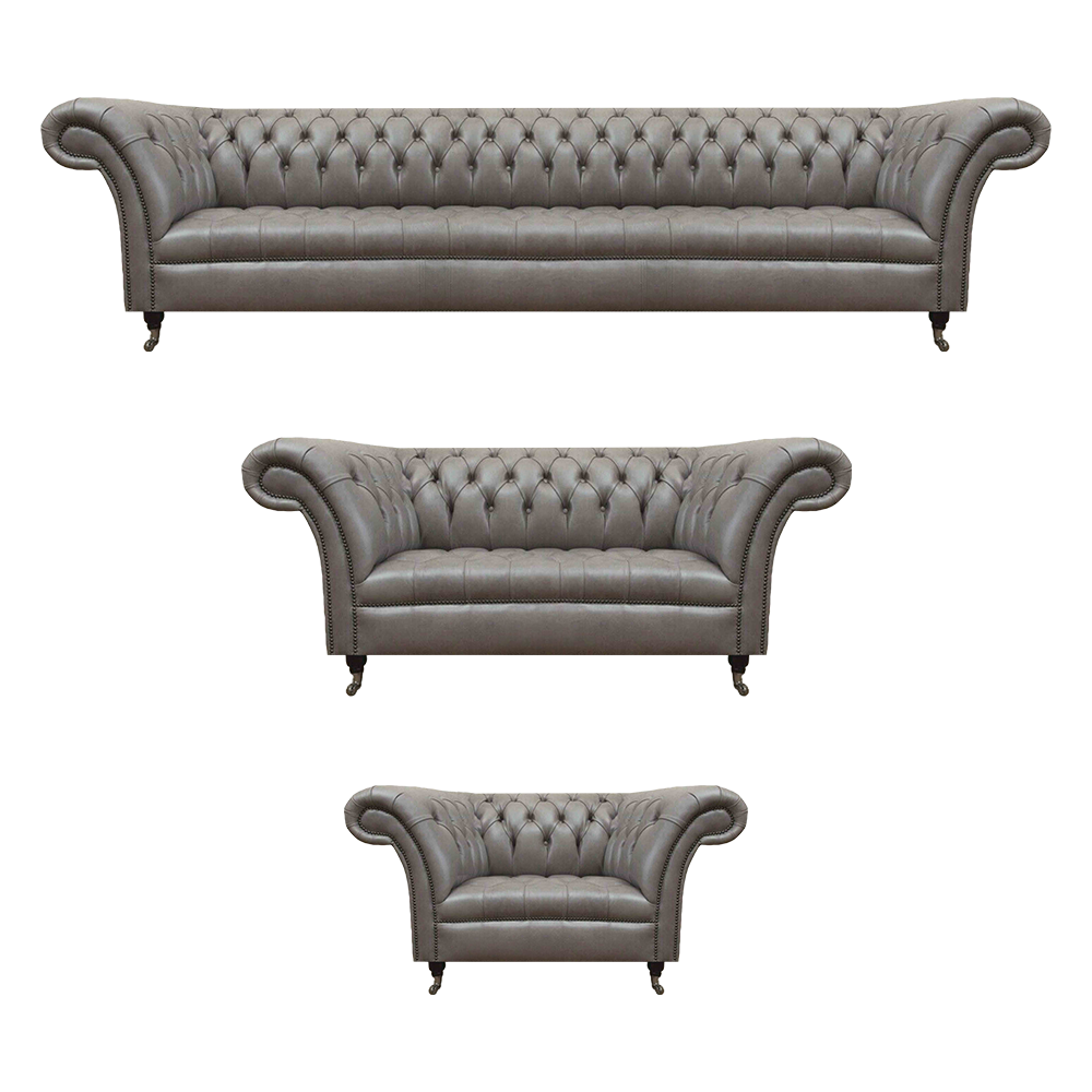 Graue Chesterfield Ledergarnitur Designer Polstercouchen Lehnsessel 3tlg