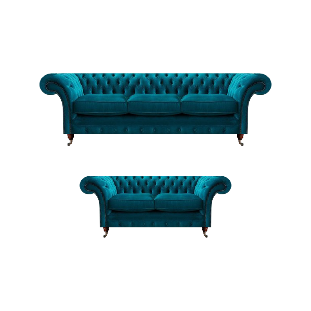 Hellblaue Wohnzimmer Textilsofas Designer Dreisitzer 2-Sitzer 2tlg Set