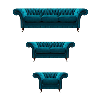 Blaue Designer Chesterfield Posltermöbel Wohnzimmer Textil Couchen 3tlg