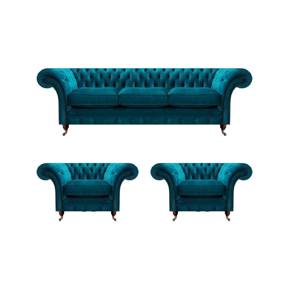 Chesterfield Blaue Couchen Polstersofas Wohnzimmer Textil Sitzmöbel 3tlg