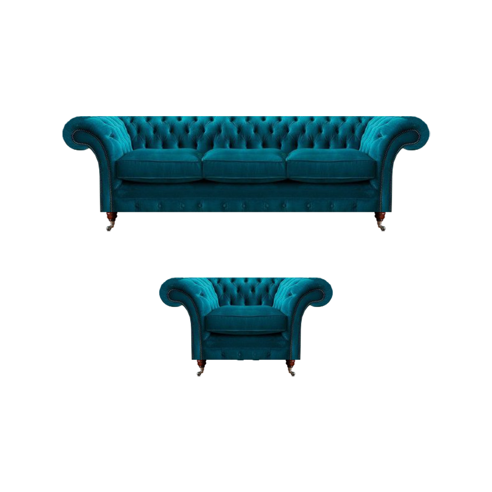 Hellblaue Chesterfield Polstergarnitur Designer 3-Sitzer Sofa Sessel