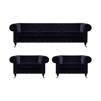 Blaue Chesterfield Couchgarnitur Designer 3-Sitzer 2x Polstersessel 3tlg