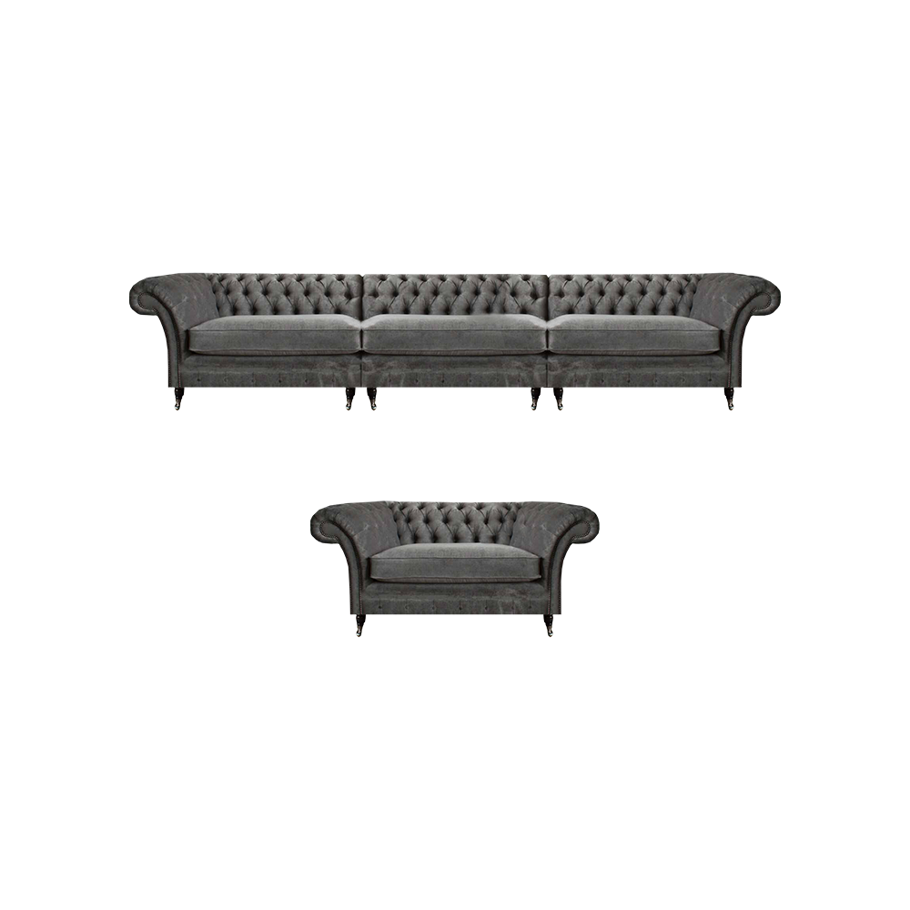 Graue Chesterfield 2tlg Sitzgarnitur Edler 3-Sitzer Moderner Lehnsessel