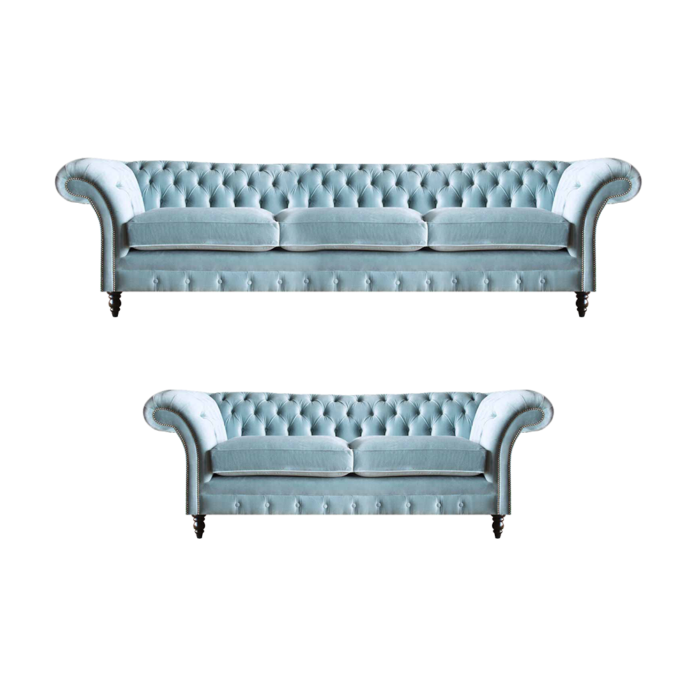 Stilvolle Hellblaue Chesterfield Designer Garnitur Dreisitzer 2-Sitzer