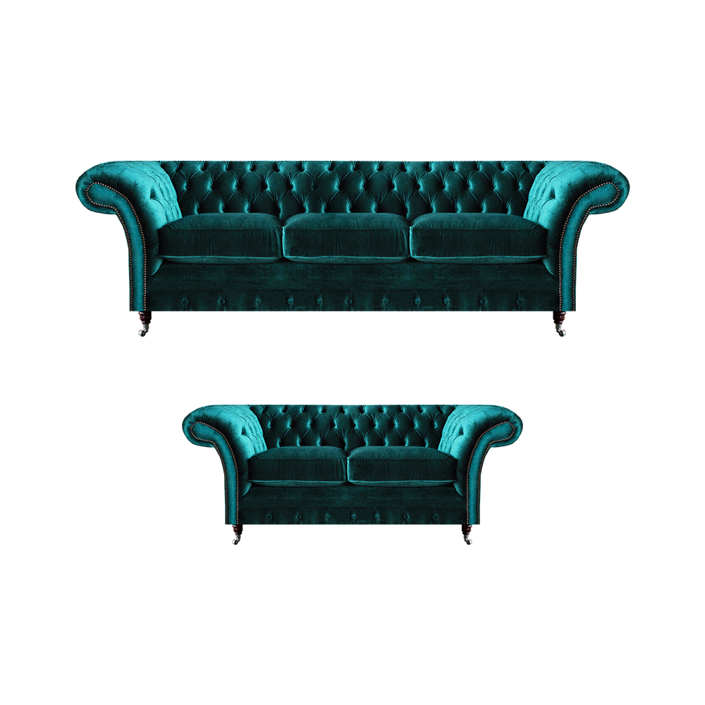 Grüne Chesterfield Polstersofas Wohnzimmer 2x Sofas Zweisitzer 3-Sitzer