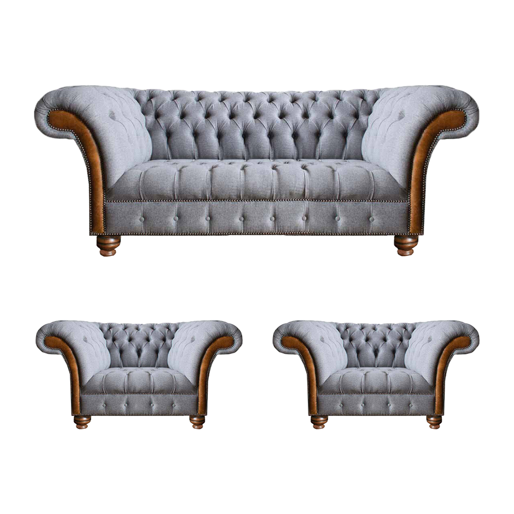 Hellgraue Chesterfield Luxus Garnitur Wohnzimmer 3-Sitzer Couch Sessel