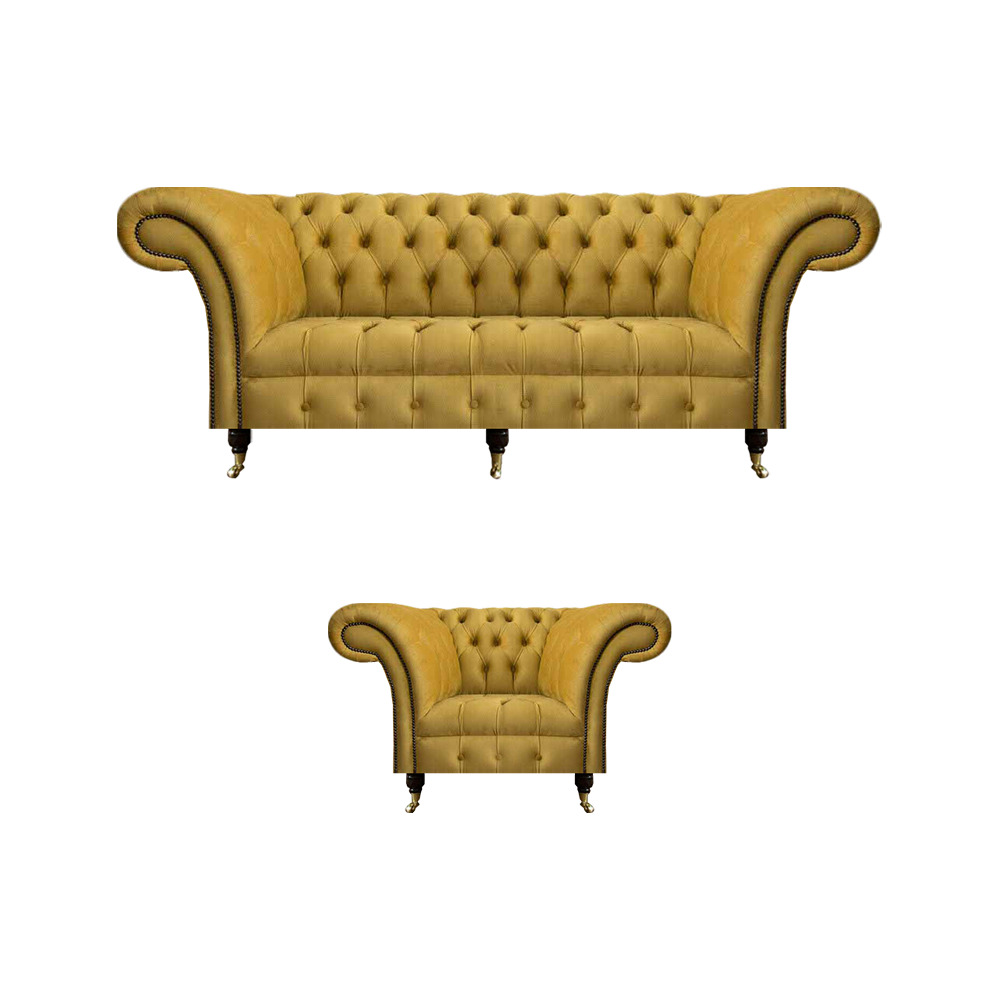 Gelbe Chesterfield Polstermöbel Designer 3-Sitzer Luxuriöser Sessel 2tlg