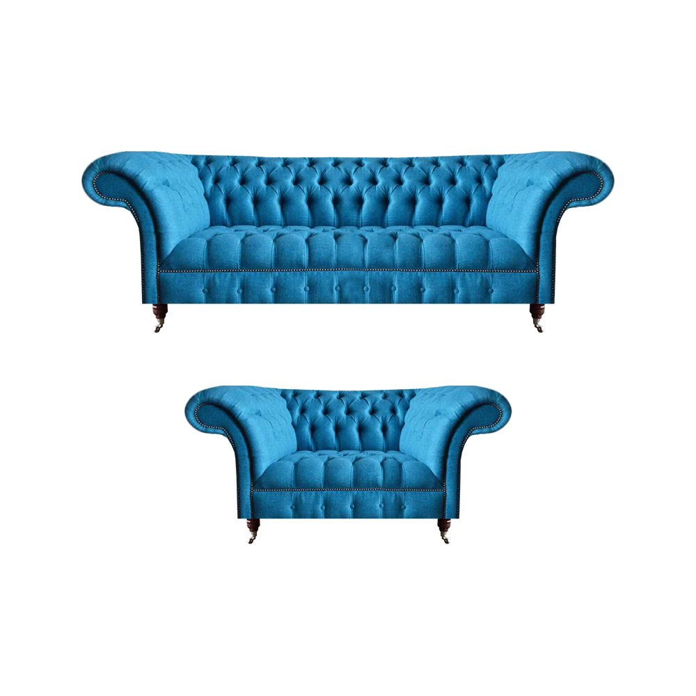 Edle Himmelblaue Chesterfield Garnitur Designer 3-Sitzer Zweisitzer Set
