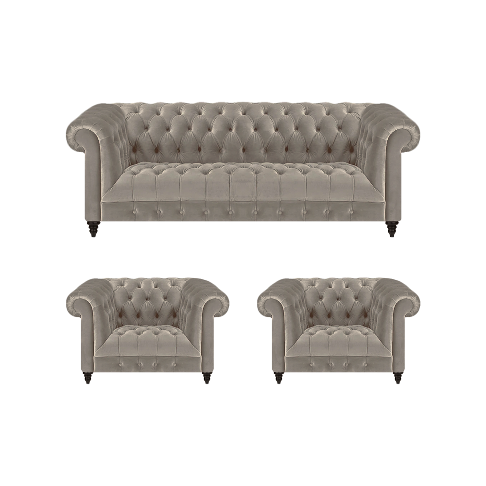 Grau Luxus Polstermöbel Sofa Dreisitze Couch 2x Sessel Wohnzimmer Chesterfield
