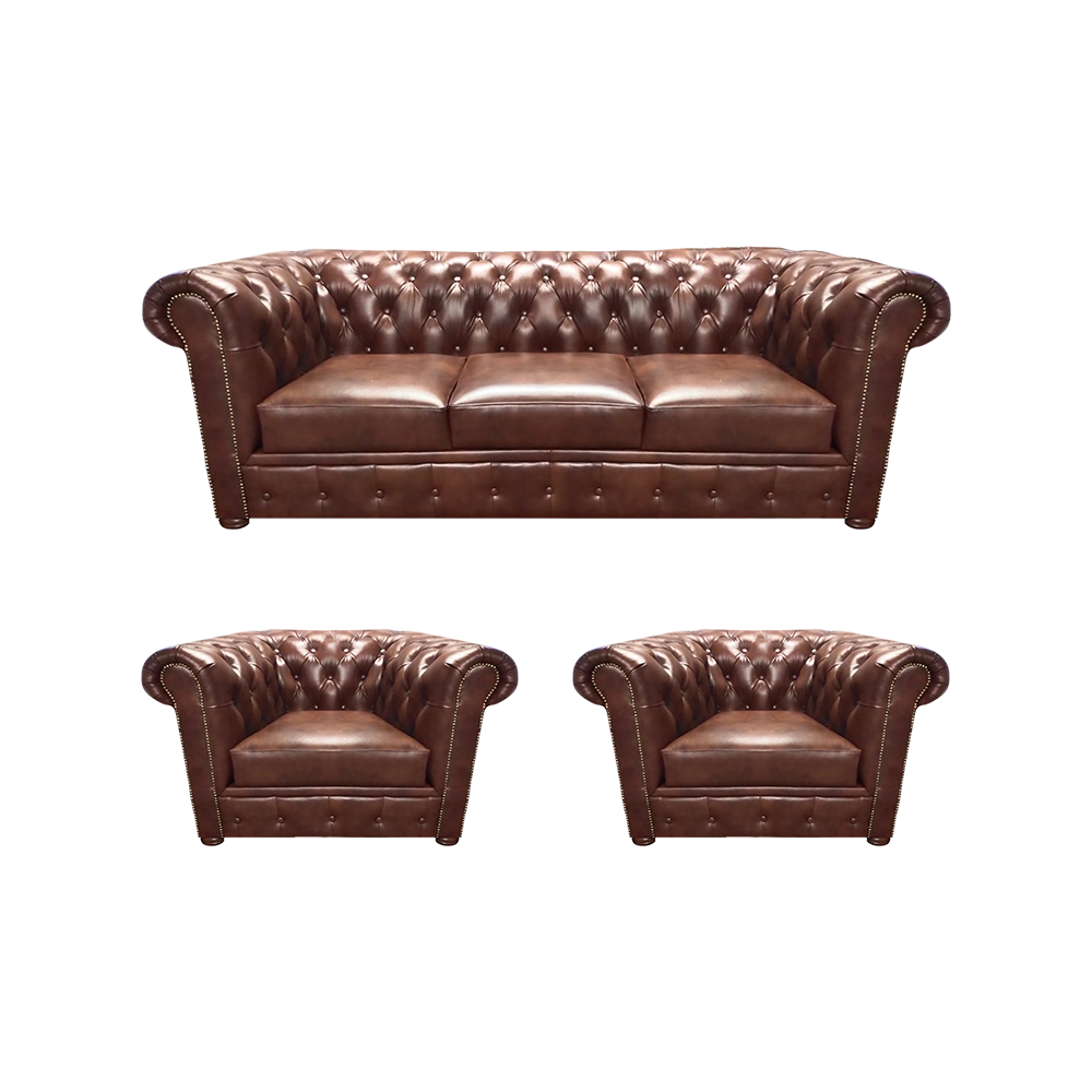 Braun Luxus Sofa Set 3tlg Wohnzimmer Polstermöbel Leder Sitz Chesterfield