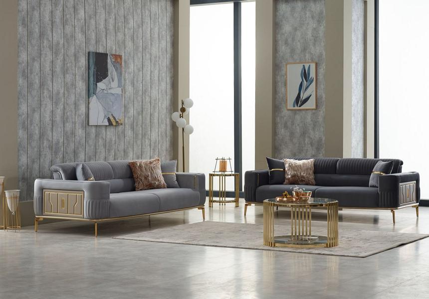 Sofagarnitur Dreisitzer Couch Stoff 2tlg Polstersofa Grau Sofa Set New