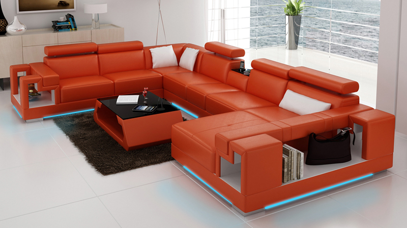 Ecksofa Garnitur Modern Sofa USB Ledersofa Sofa Couch Wohnlandschaft Orange Neu