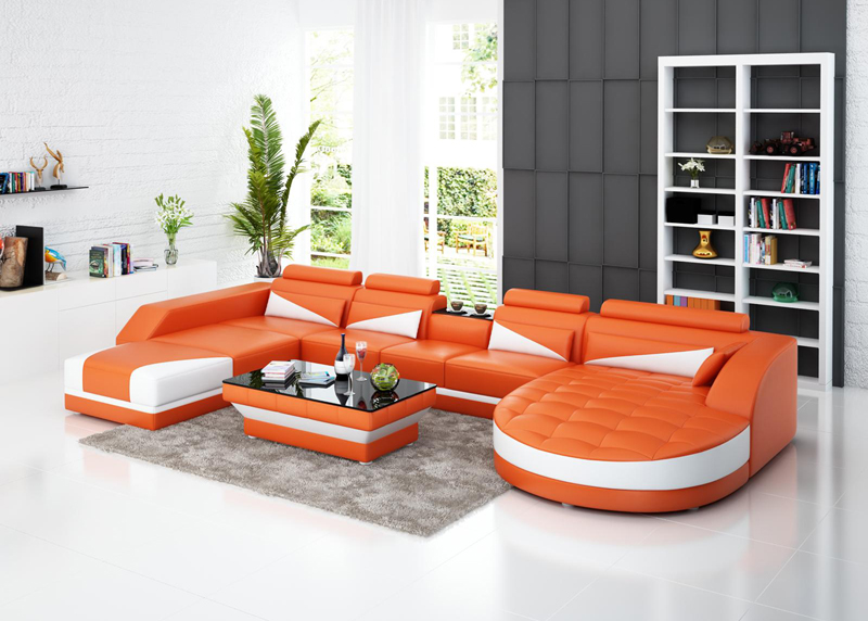 Ledersofa Couch Wohnlandschaft Ecksofa Garnitur Design Modern Sofa USB Orange