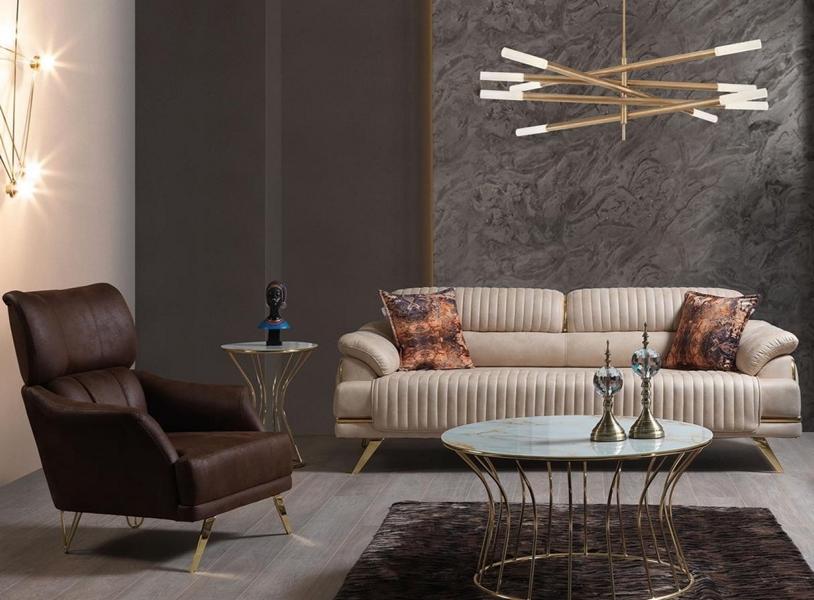 Stilvolle Beige Kunstleder Wohnzimmer Garnitur Designer 3-Sitzer Sessel 2tlg