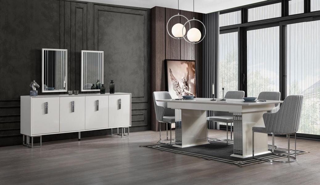 Esszimmer Set Weiß Garnitur Tisch Sideboard 4x Stühle Design Modern Möbel