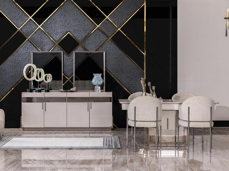 Esszimmer Set Beige Garnitur Tisch Sideboard 4x Stühle Design Modern Möbel