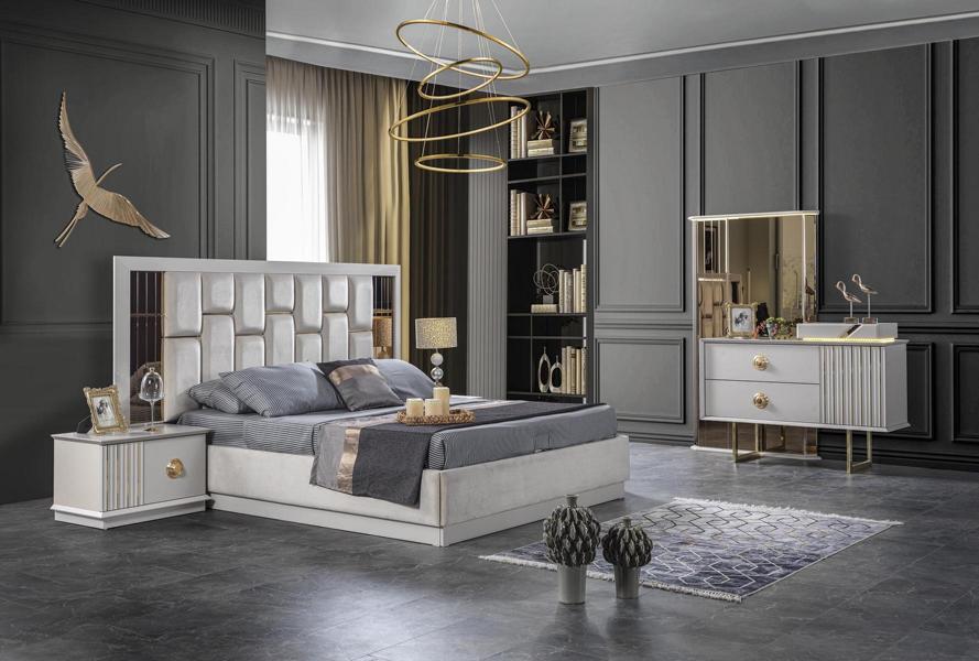 Schlafzimmer Weiß stilvoll Komplettes Bett 2x Nachttische Kommode mit Spiegel