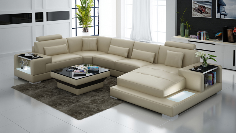 Beige Sofa Ecksofa Wohnlandschaft LED Licht Polster Sitz Garnitur Ledersofa USB