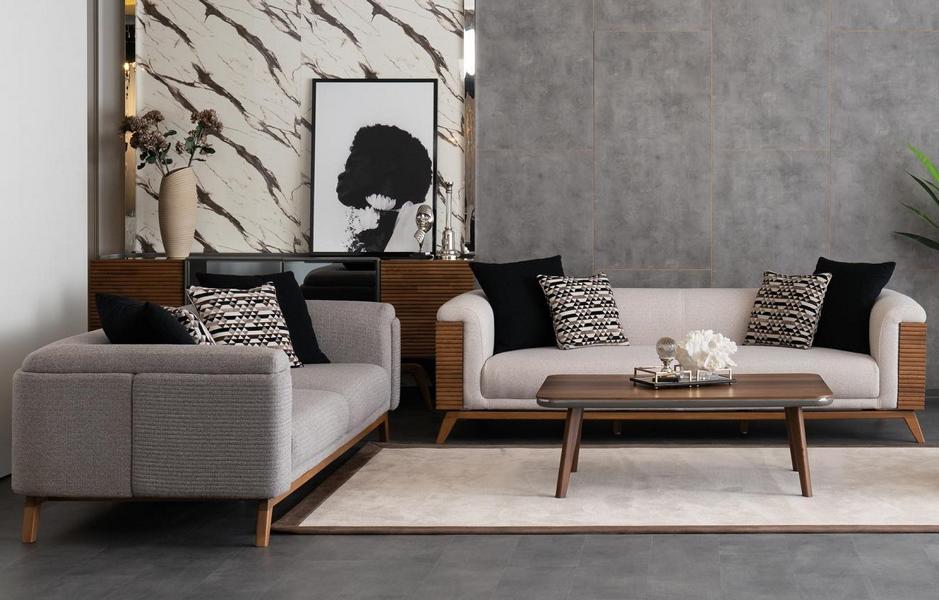 Sofa Set 2x Sofas 3 Sitzer Couchtisch Polstersofa Couch Stoff Wohnzimmer