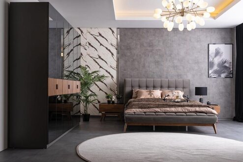 Bett 2x Nachttische Kleidershrank Verspiegelt Doppelbett Schlafzimmer Set