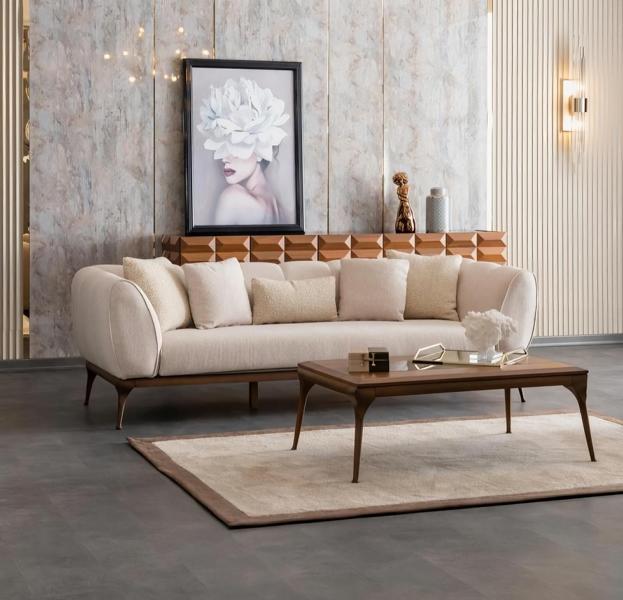 Sofa 3 Sitzer Dreier Couch Armlehne Polstersofa Couchtisch Tisch Beige