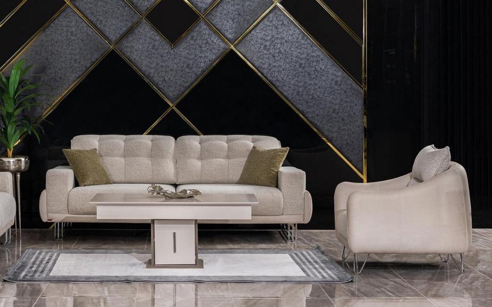 Wohnzimmer Set Beige Hochwertig Sitzgruppe Sofa 3 Sitzer Sessel Polster